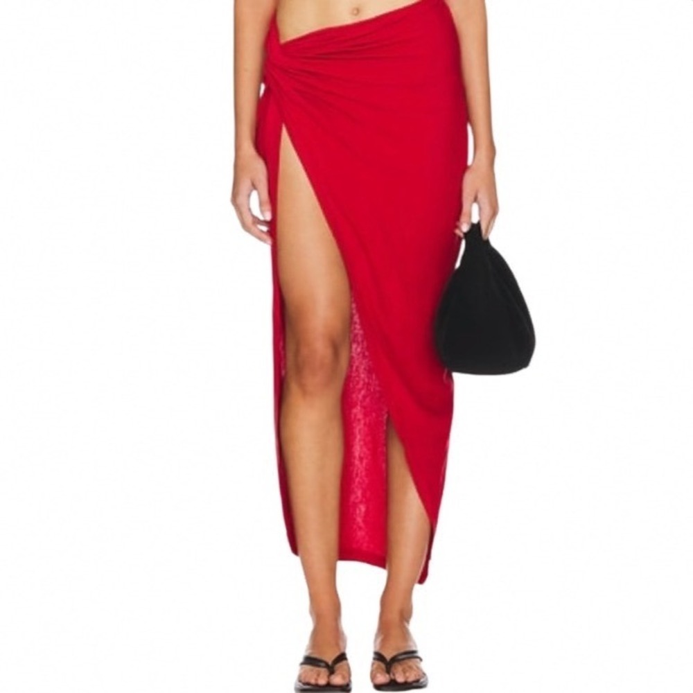 h.ours Red High Slit Draped Knot Front Maxi Skirt Small Solid Stretch Revolve